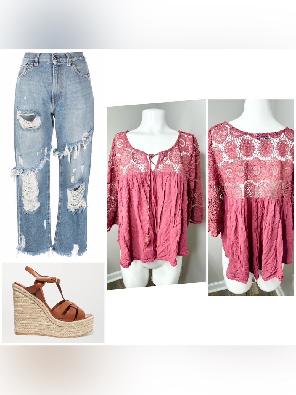 American Eagle Outfitters Crochet Yoke Peasant Top - Rose- Xl